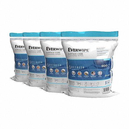 Cleaning Wipes: Bag, 900 ct Container Size, 6 in L x 8 in W Sheet Size, Ready to Use, 4 PK