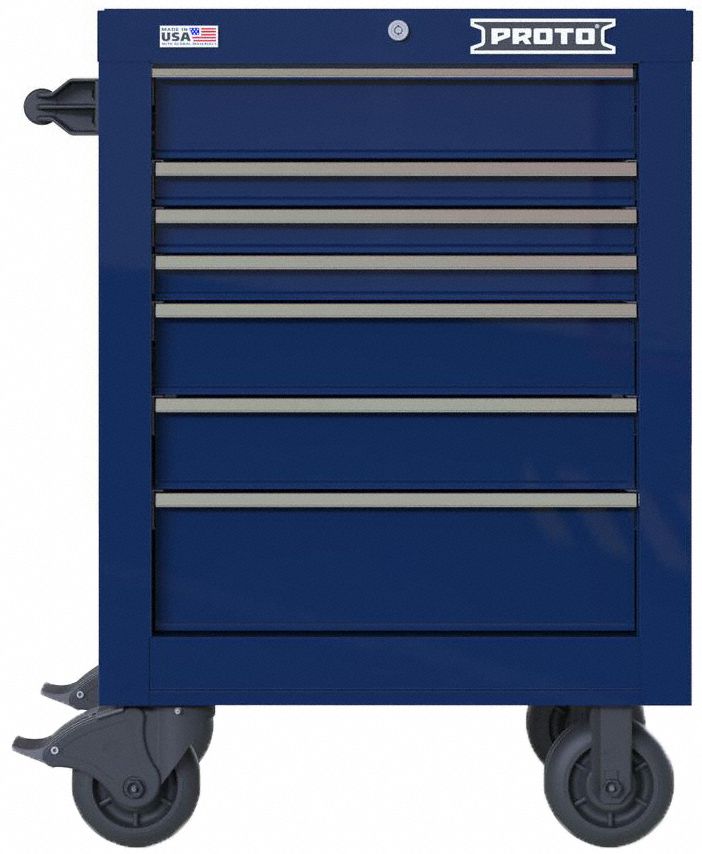 Rolling Tool Cabinet: Blue / Blue Drawer, 27 in W x 22 3/8 in D x 38 1/2 in H, 7 Drawers