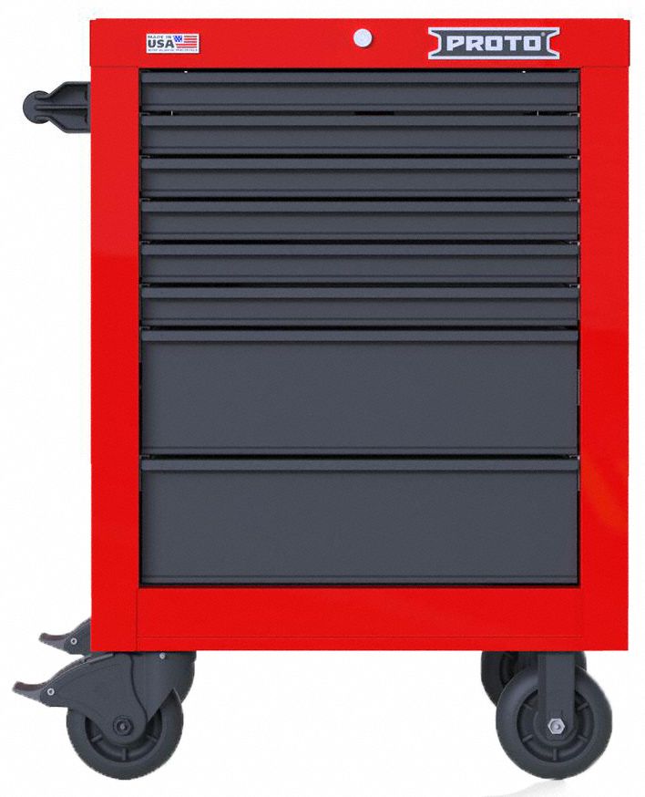Rolling Tool Cabinet: Red / Gray Drawer, 27 in W x 22 3/8 in D x 38 1/2 in H, 8 Drawers