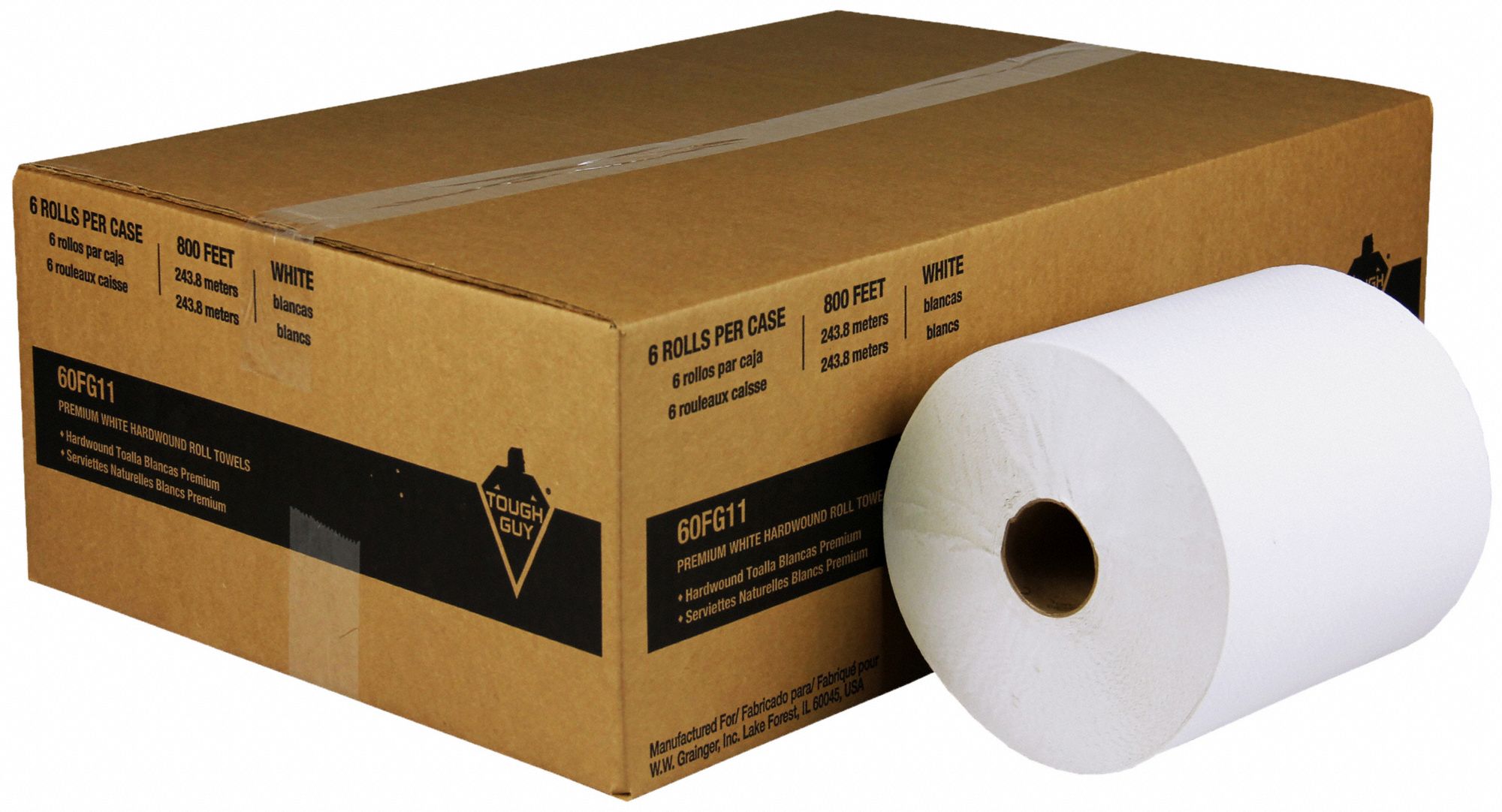 TOUGH GUY Paper Towel Roll, Tough Guy, Hardwound, White, 800 ft Roll