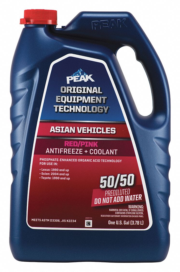 Antifreeze Coolant: Pre-Diluted 50/50, 1 gal Container Size, Pink/Red, P-HOAT, Ethylene Glycol