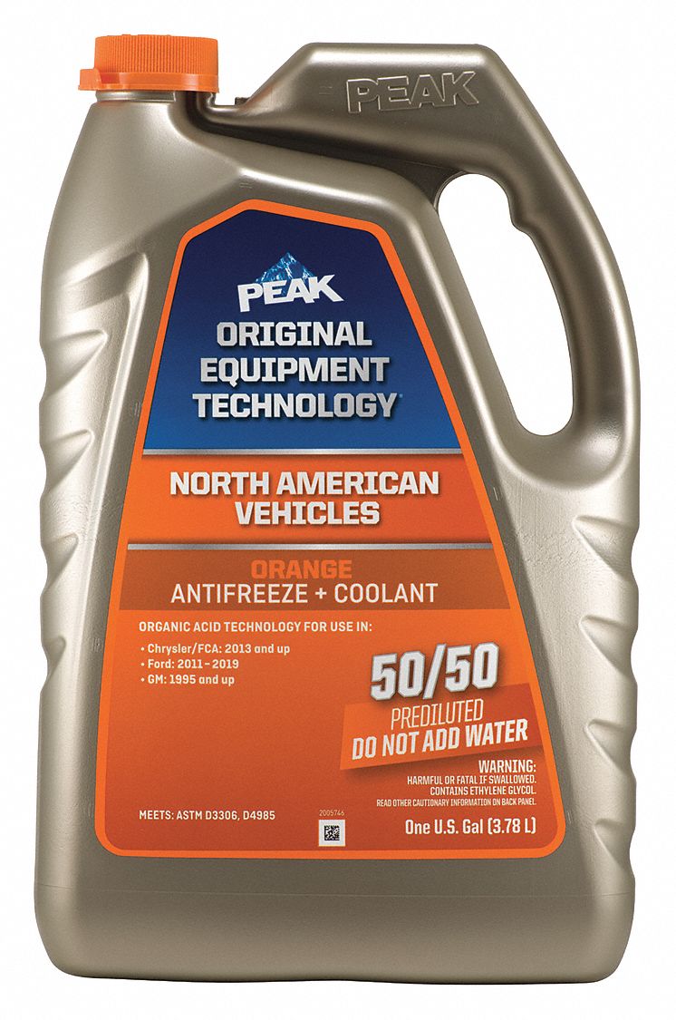 Antifreeze Coolant: Pre-Diluted 50/50, 1 gal Container Size, Orange, OAT, Ethylene Glycol, Peak