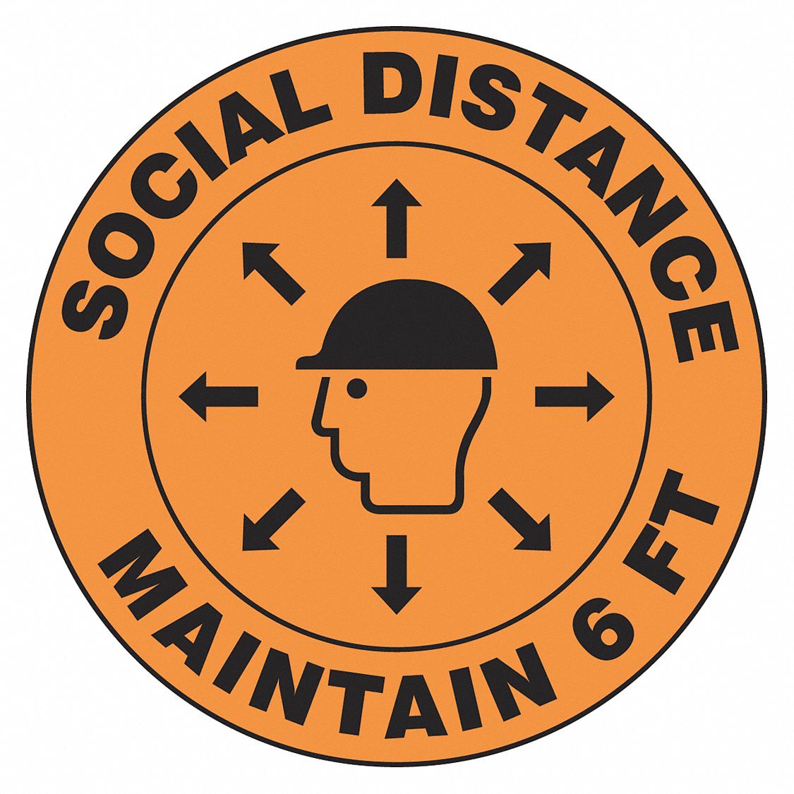Hard Hat Label: Social Distance Maintain 6 Ft, 2 1/4 in Dia, English, Std, Non-Reflective, 10 PK
