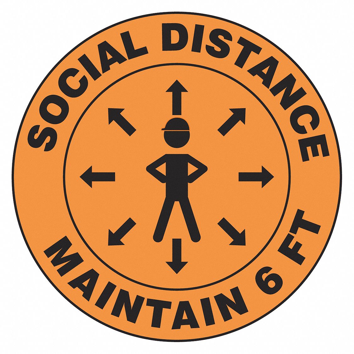 Hard Hat Label: Social Distance Maintain 6 Ft, 2 1/4 in Dia, English, Std, Non-Reflective, 10 PK