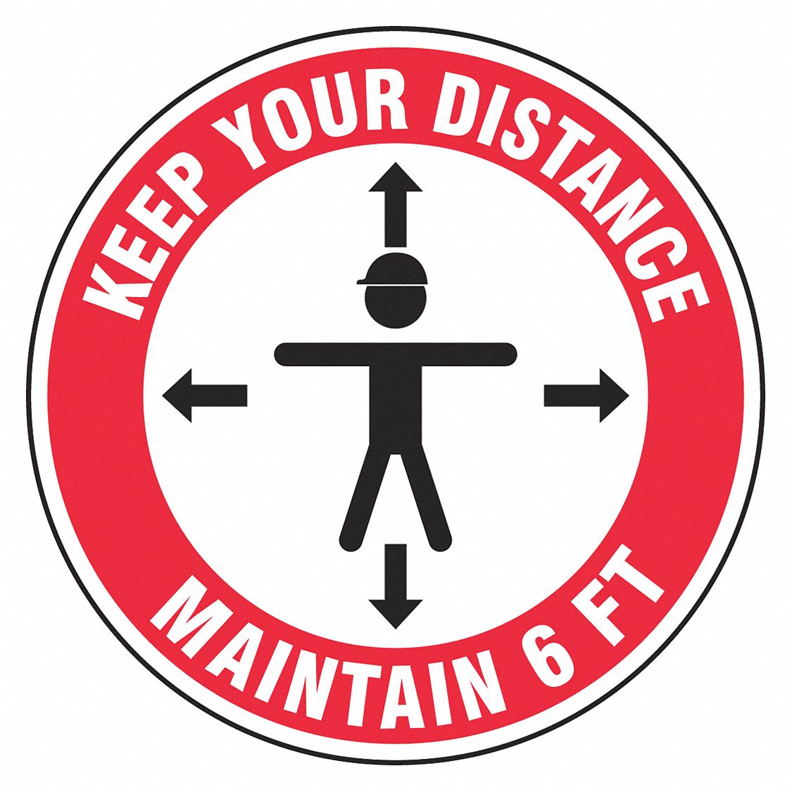Hard Hat Label: Keep Your Distance Maintain 6 Ft, 2 1/4 in Dia, English, Std, Non-Reflective, 10 PK