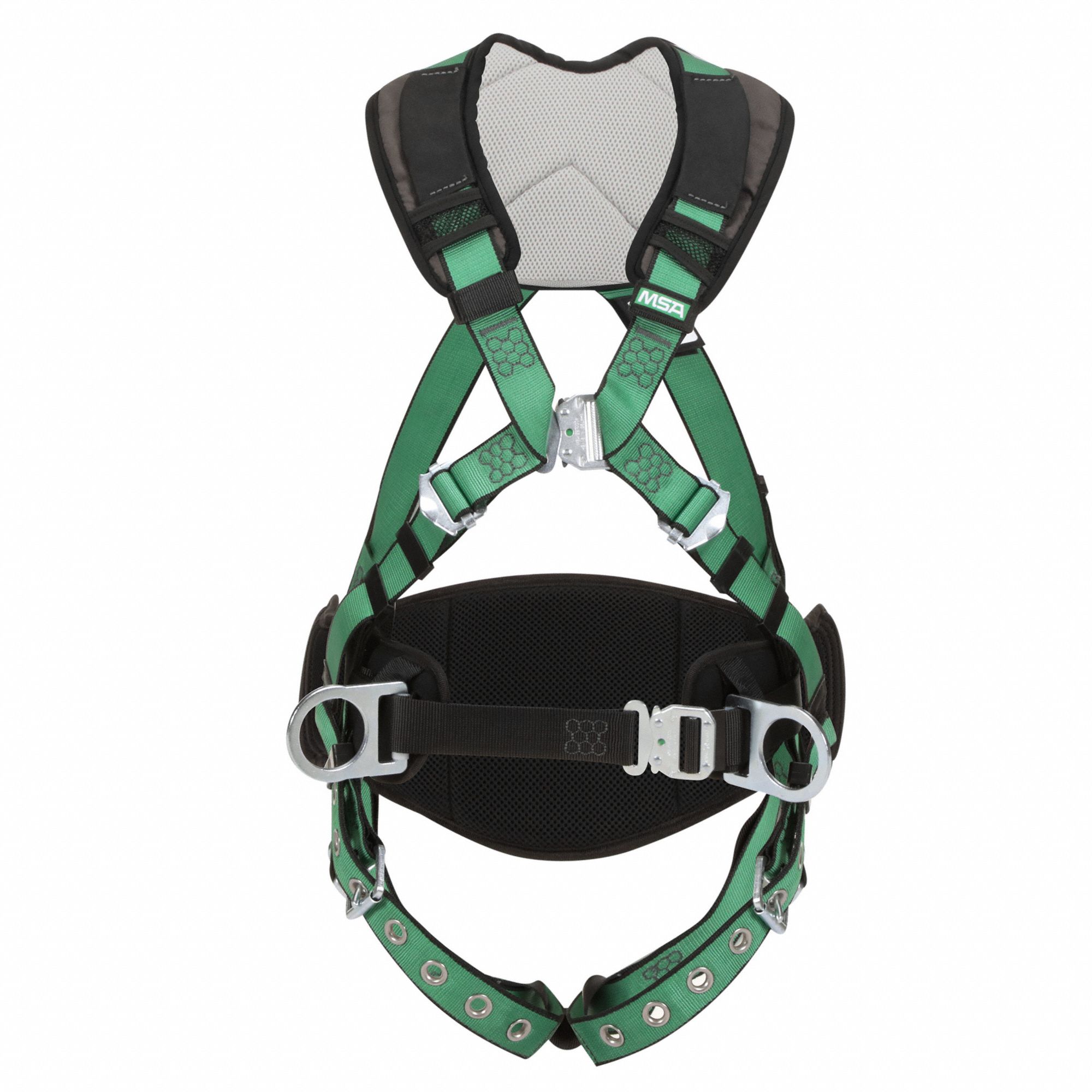 HARNESS, FULLBODY CONSTRUCTION, VFORM+/CSA Z259.10/BACK/HIP DRING/WAIST PAD, GRN, M/L, POLY/STEEL