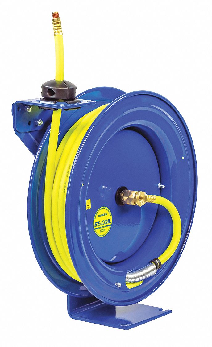 Spring Return Hose Reel: 75 ft (1/2 in I.D.), 1/2 in MNPT, 300 psi Max Op Pressure, Brass, Blue