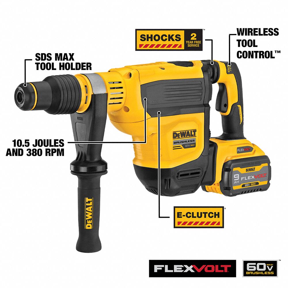 DEWALT Cordless Rotary Hammer Kit PistolGrip, 60V DC, SDSMax, 1 3/4