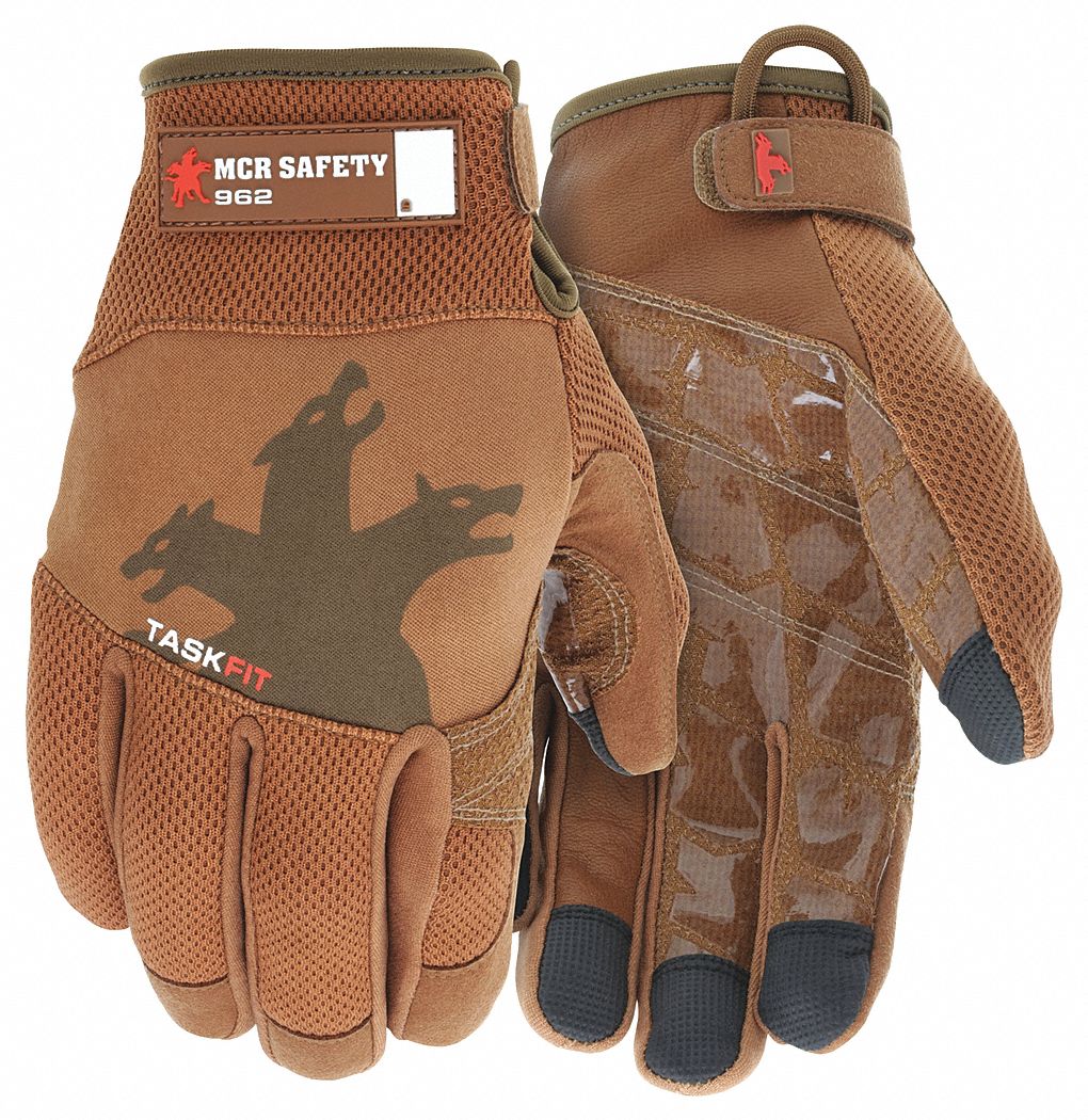 Goatskin Leather Work Gloves, Hook-and-Loop Cuff, Brown, Size: L, Left and Right Hand