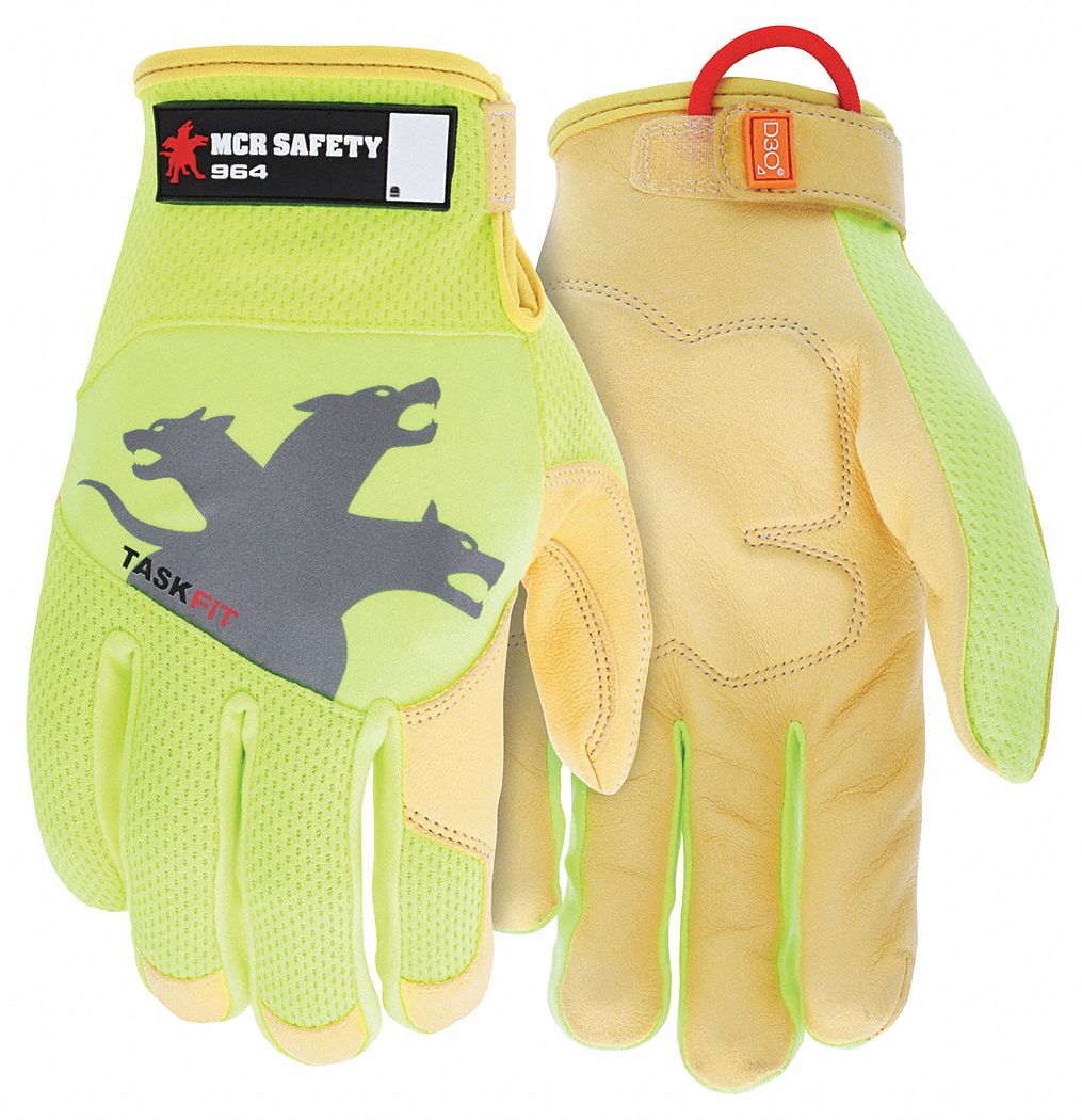 GLOVES, HOOK AND LOOP CUFF, SAFETY, SZ L, YELLOW, GOATSKIN, PR