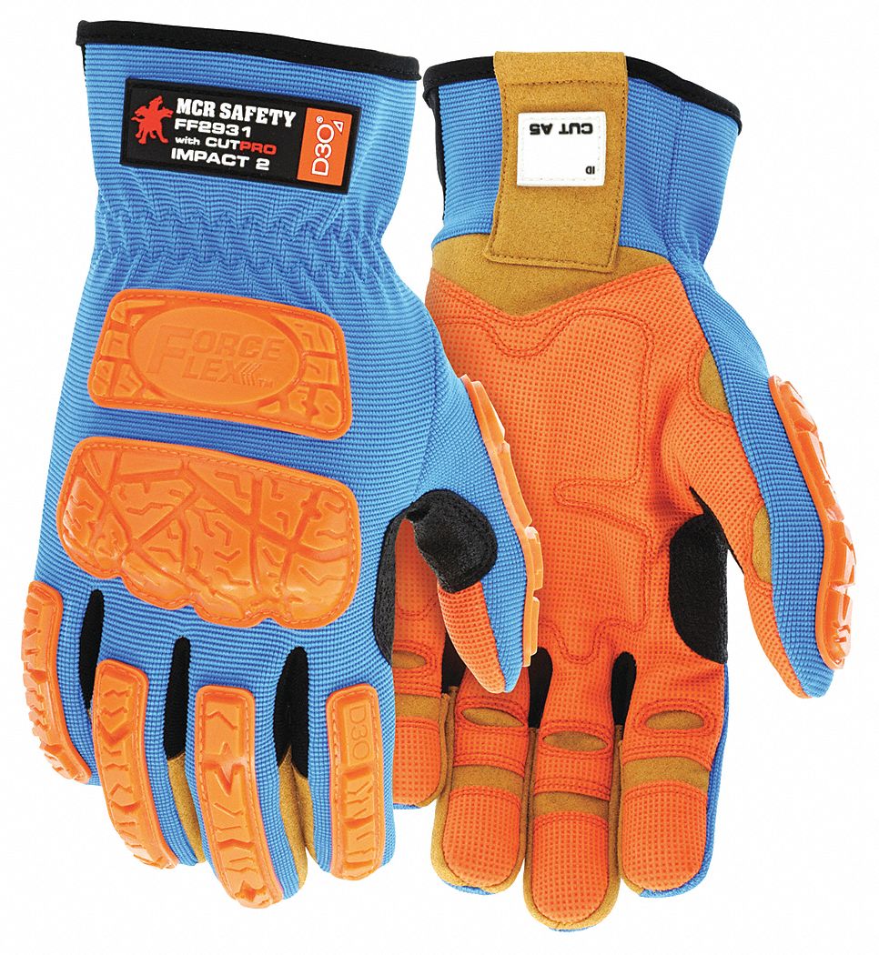 GLOVES, MECHANICS, IMPACT RESIST, SLIP-ON, FULL FINGER, M/8, BLUE/ORANGE, SPANDEX/D3O/HPPE