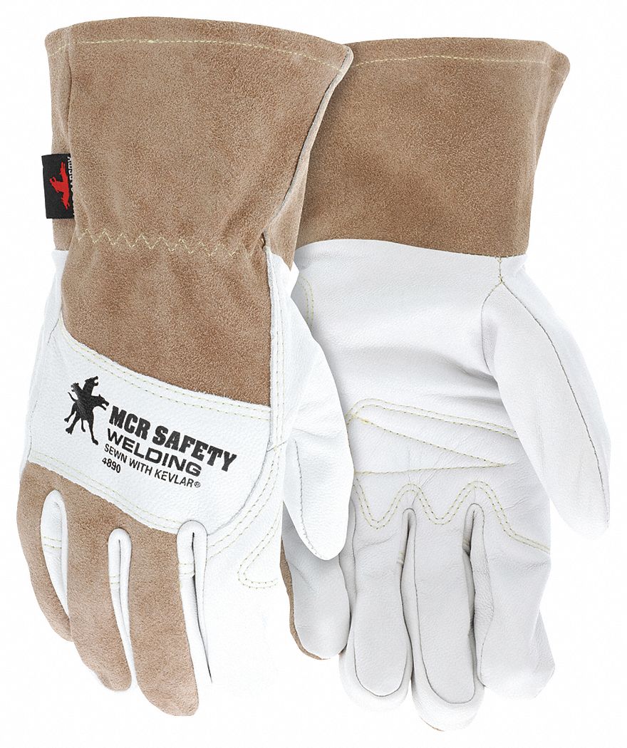 SLIP-ON WELDING GLOVES, MEDIUM/8, WHITE/BROWN, COWHIDE/KEVLAR, PAIR