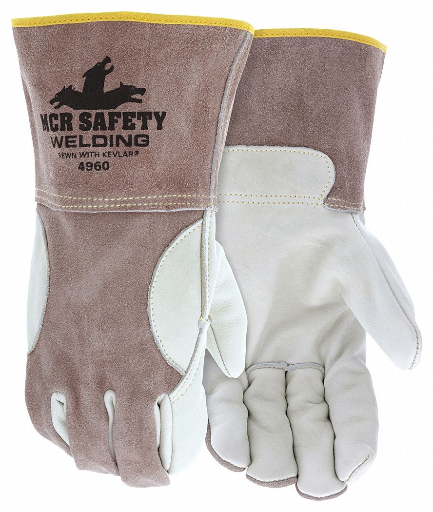 WELDING LEATHER GLOVE, KEYSTONE THUMB, SLIP-ON CUFF, BEIGE/BRN, COWHIDE, 12 PK