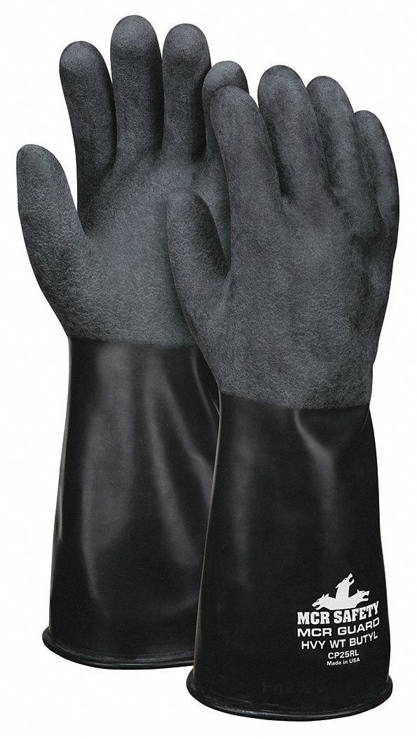 Chemical-Resistant Gloves: CP25RL, MCR SAFETY CP25, L Glove Size, L, 25 mil Overall Thick, 1 PR