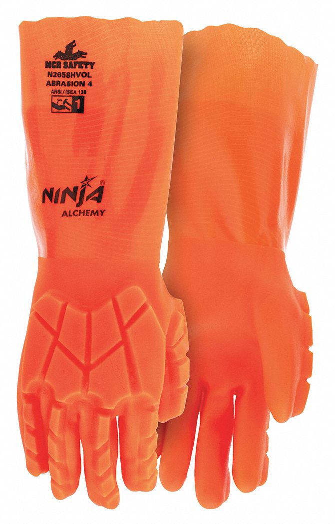 GLOVES, COATED, MCR SAFETY, SANDY FINISH, ABS LEVEL 4, FULL, XL, ORANGE, PVC