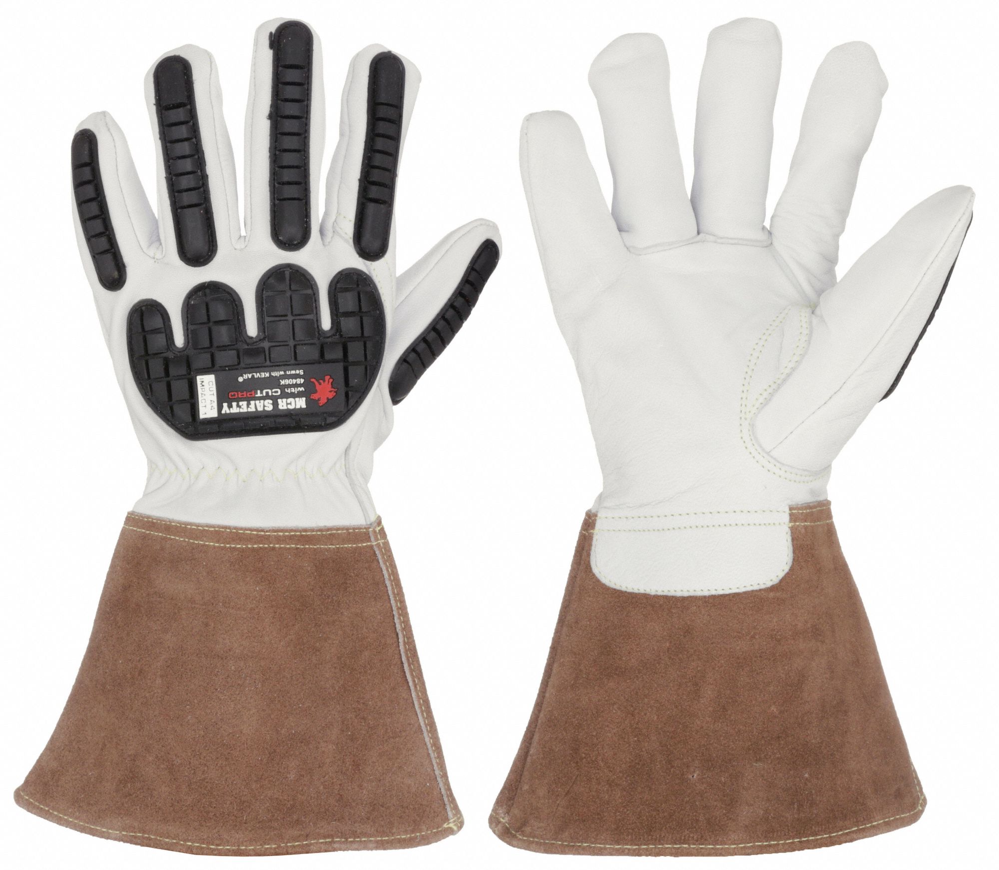 GANTS RÉSIST COUPURES,MANCHETTE À GANTELET,ANSI A4/0,TAILLE M/8,BRUN/BLNC,CUIR,PAIRE