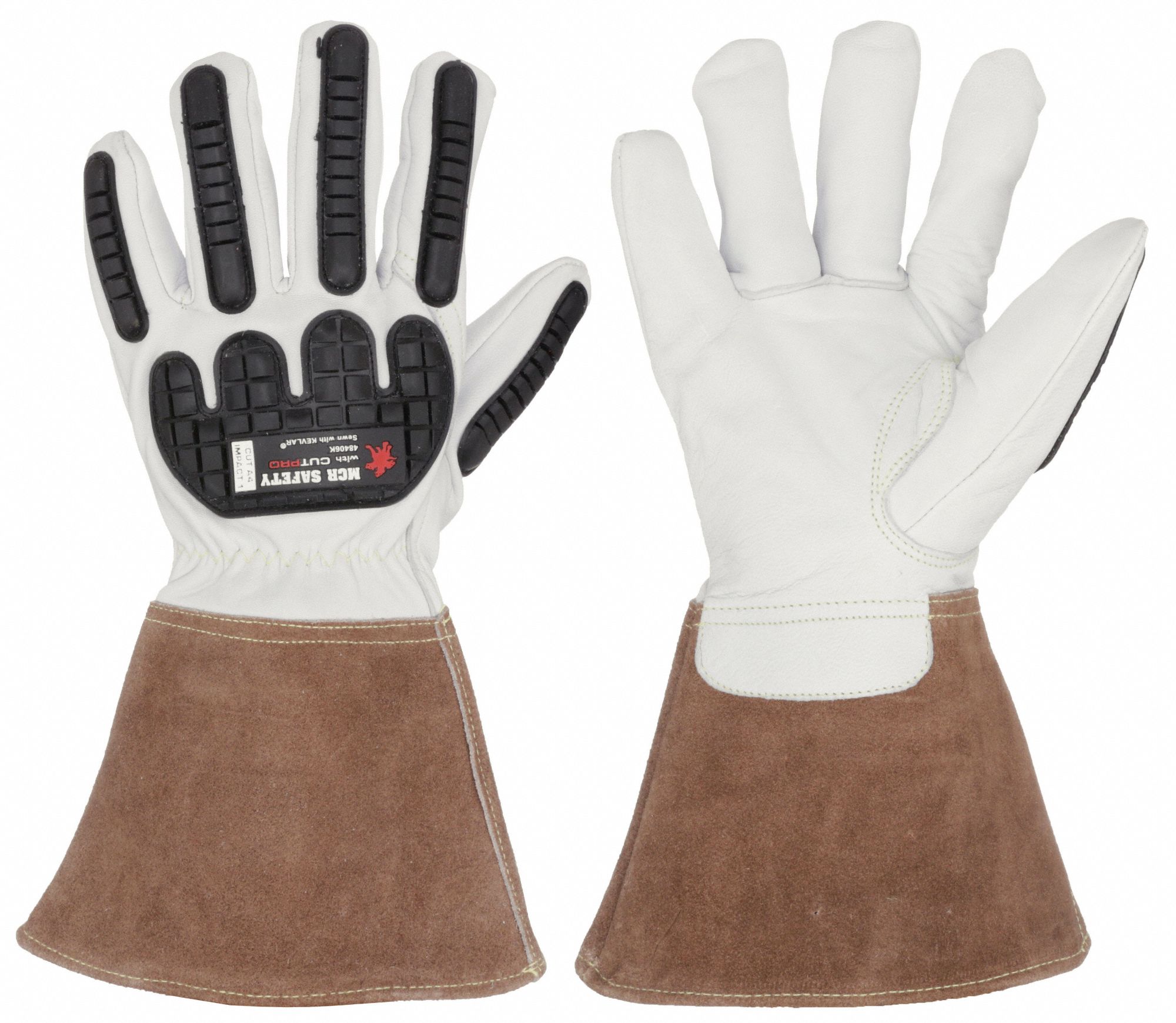 CUT RESISTANT GLOVES, GAUNTLET CUFF, ANSI A4/0, SIZE M/8, BROWN/WHITE, LEATHER, PAIR