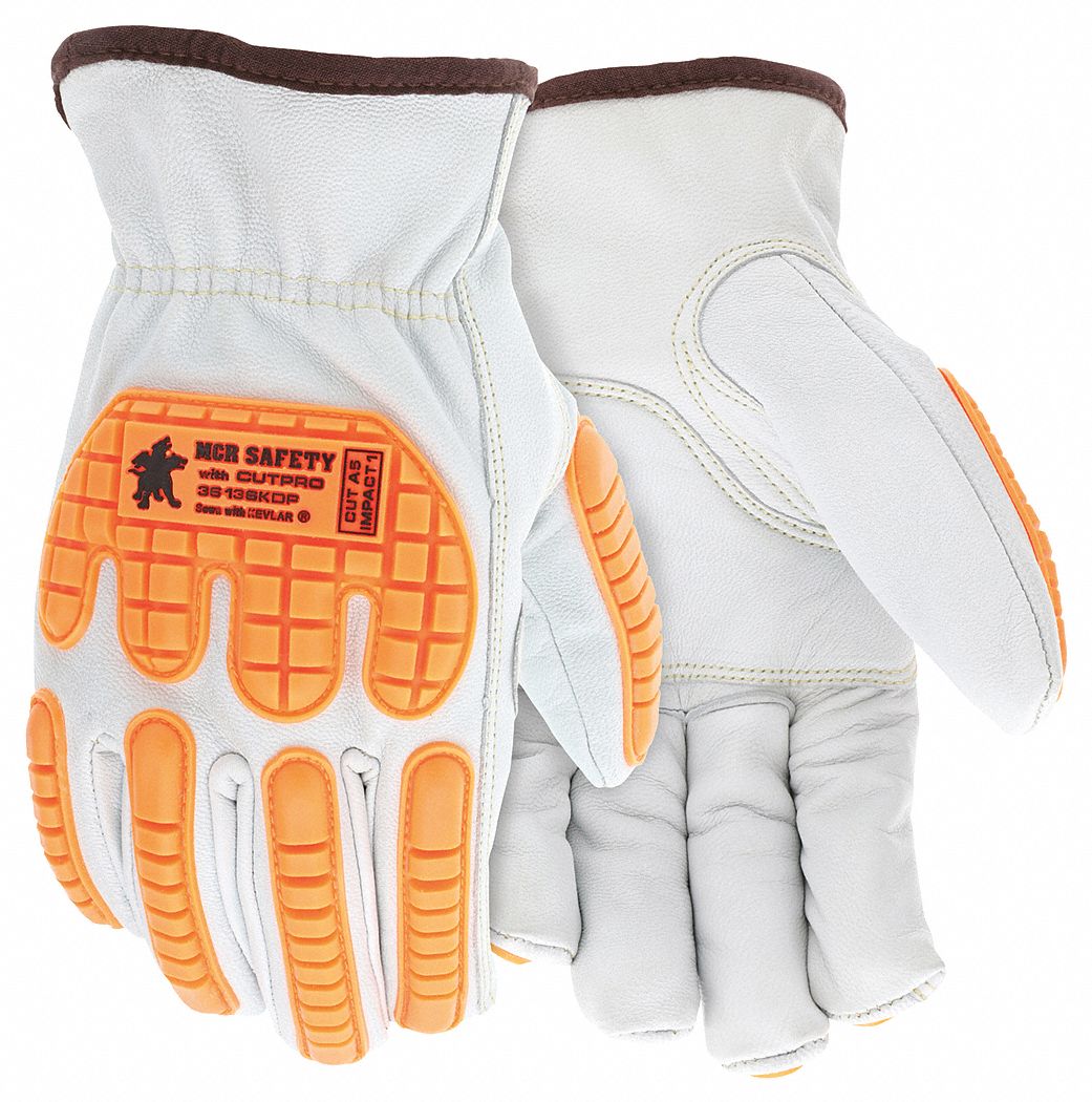 DRIVER GLOVE, GUNN CUT, KEYSTONE THUMB, SIZE M/8, ORANGE/WHITE, LEATHER/KEVLAR/TPR, PAIR