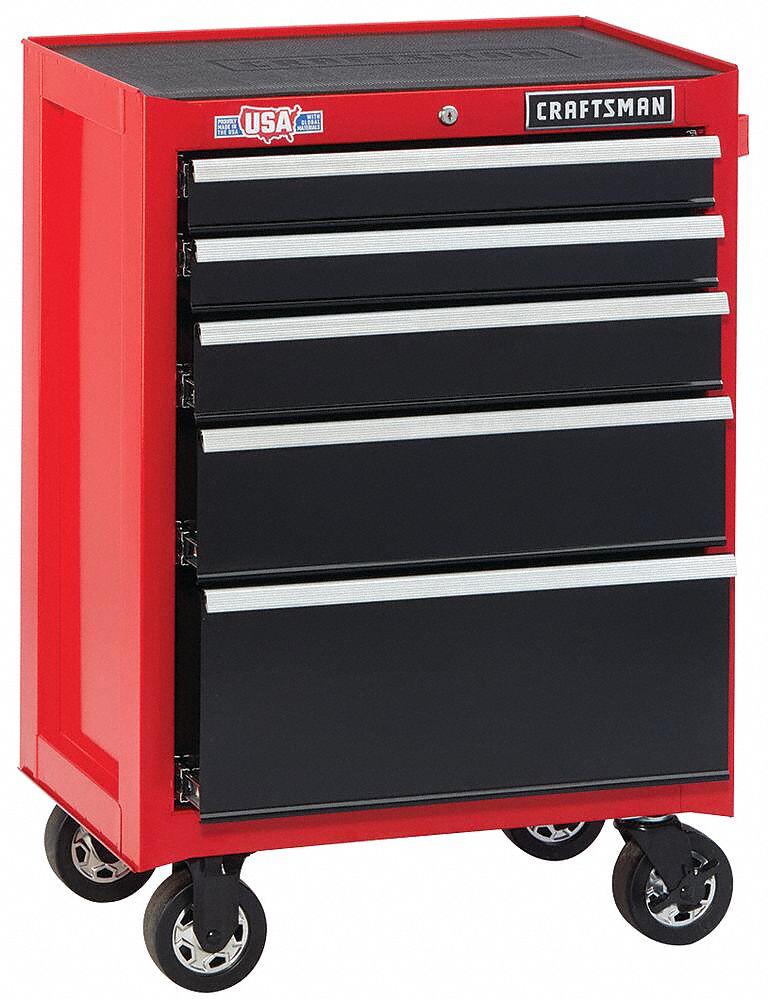 Rolling Tool Cabinet: Gloss Red, 26 1/2 in W x 18 in D x 37 1/2 in H, Black, Ball Bearing