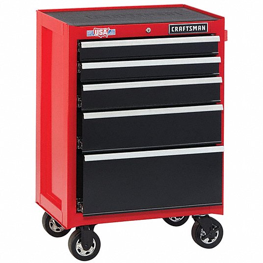 Rolling Tool Cabinet: Gloss Red, 26 1/2 in W x 18 in D x 37 1/2 in H, Black, Ball Bearing