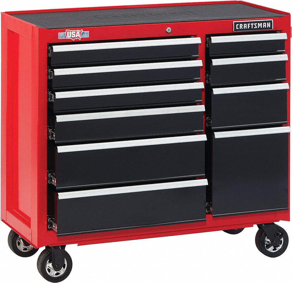 Rolling Tool Cabinet: Gloss Red, 41 in W x 18 in D x 37 1/2 in H, Black, Ball Bearing