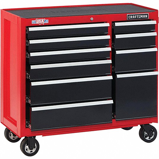 Rolling Tool Cabinet: Gloss Red, 41 in W x 18 in D x 37 1/2 in H, Black, Ball Bearing