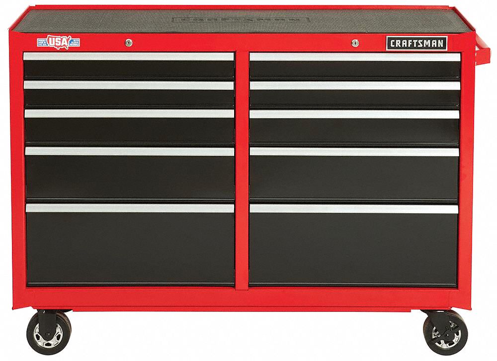 Rolling Tool Cabinet: Gloss Red, 52 in W x 18 in D x 37 1/2 in H, Black, Ball Bearing