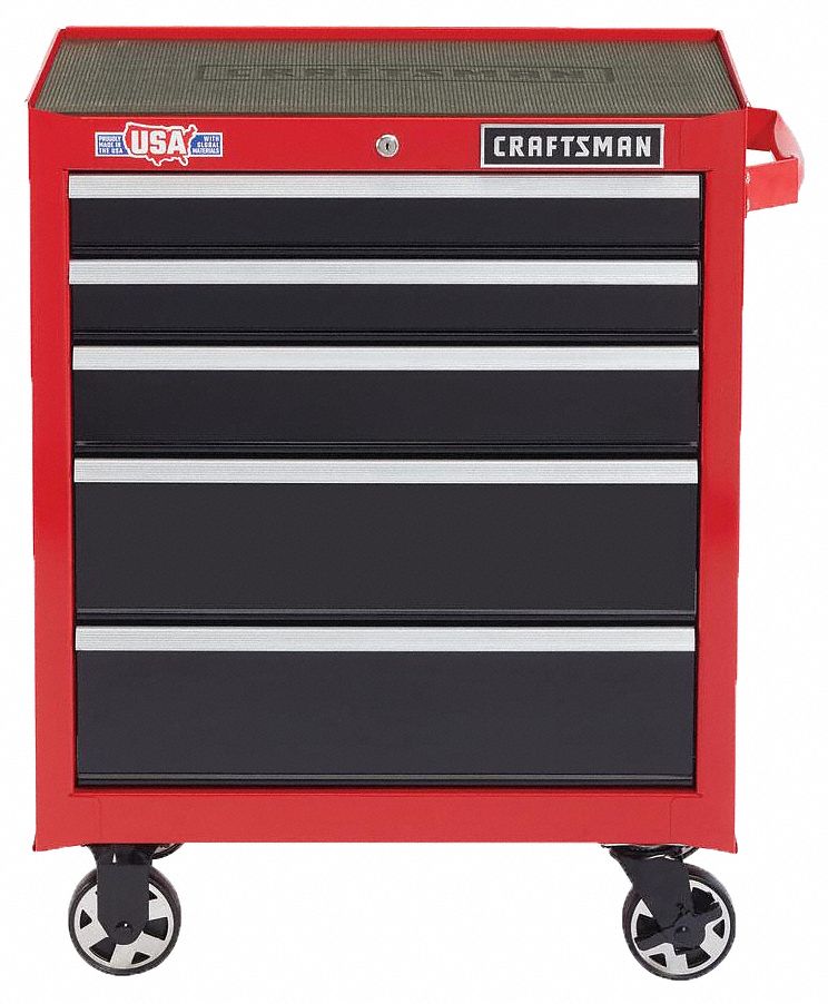 Rolling Tool Cabinet: Gloss Red, 26 1/2 in W x 18 in D x 34 in H, Black, Ball Bearing