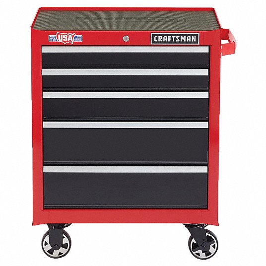 Rolling Tool Cabinet: Gloss Red, 26 1/2 in W x 18 in D x 34 in H, Black, Ball Bearing