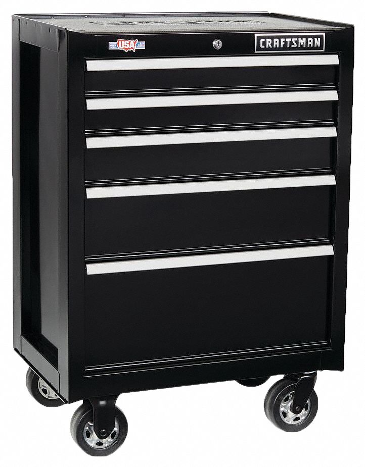 Rolling Tool Cabinet: Gloss Black, 26 1/2 in W x 18 in D x 37 1/2 in H, Black, 5 Drawers