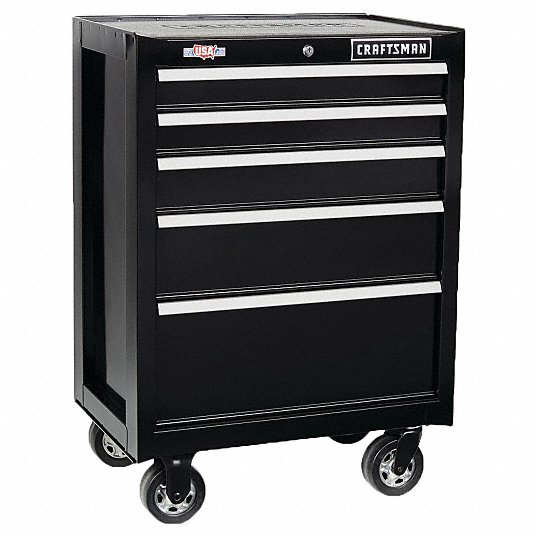 Rolling Tool Cabinet: Gloss Black, 26 1/2 in W x 18 in D x 37 1/2 in H, Black, 5 Drawers