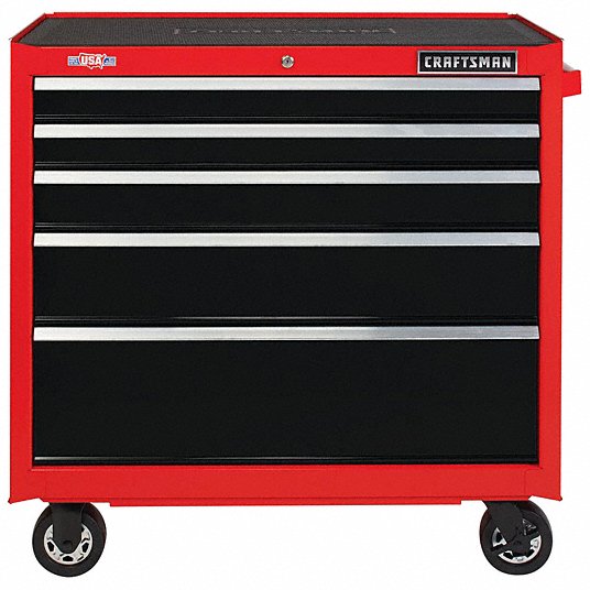 Rolling Tool Cabinet: Gloss Red, 37 in W x 18 in D x 37 1/2 in H, Black, Ball Bearing