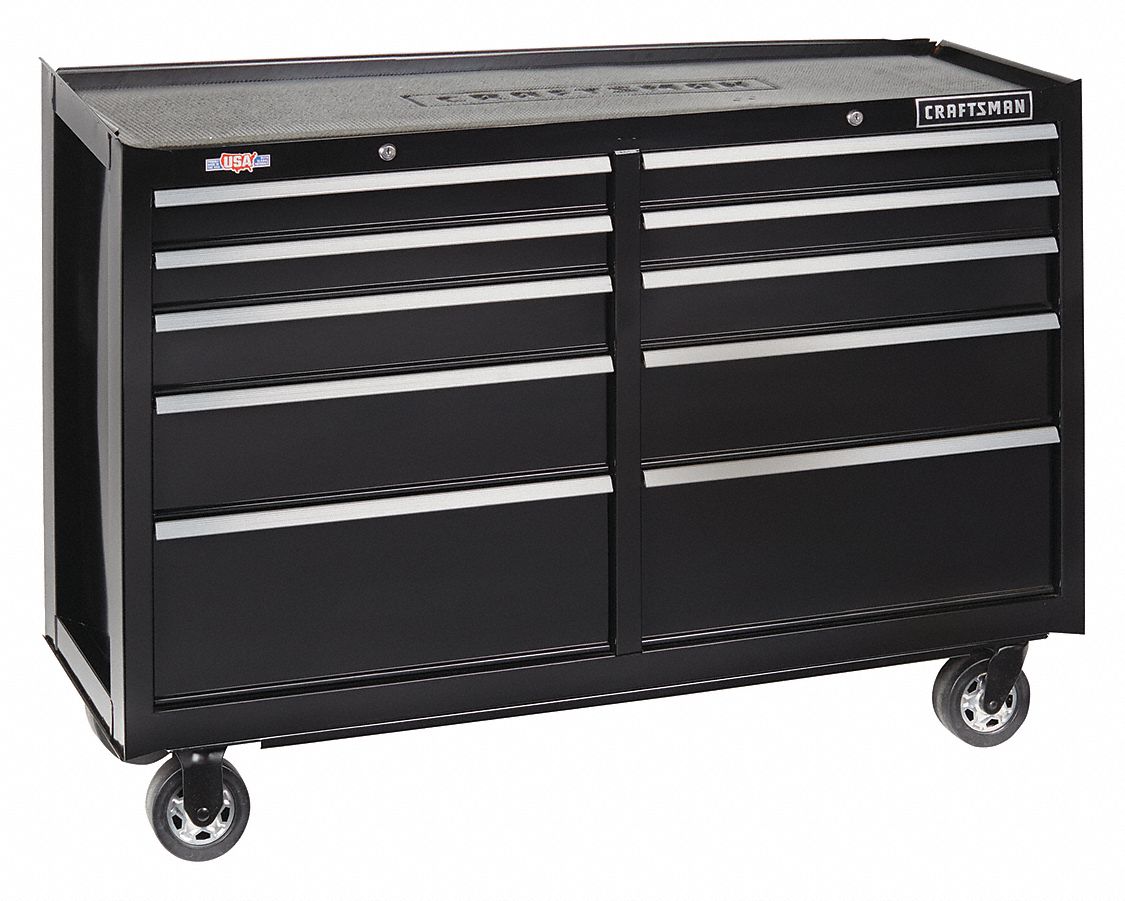 Rolling Tool Cabinet: Gloss Black, 52 in W x 18 in D x 37 1/2 in H, Black, Ball Bearing