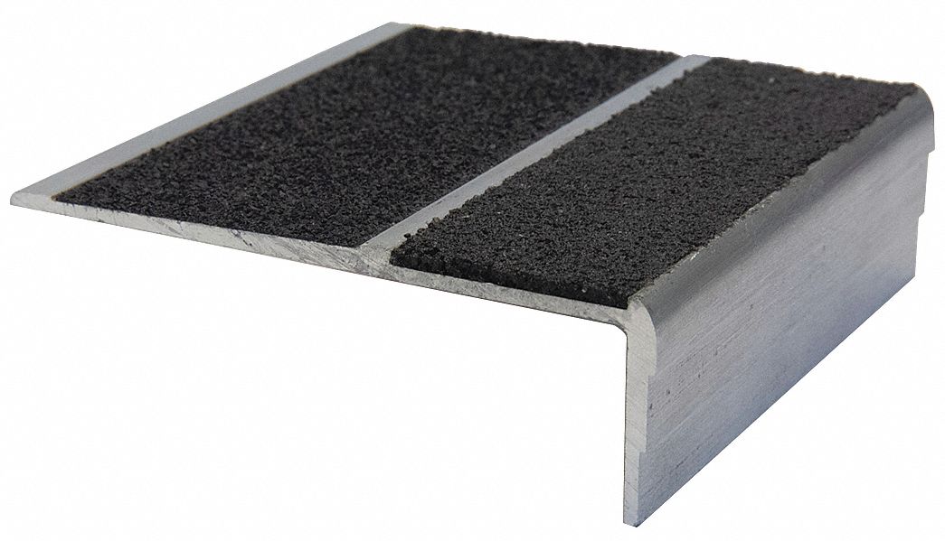 Stair Nosing: Double-Strip Grit, Aluminum, Adhesive- & Fastener-Installed, 54 in Wd, 3 in Dp, Black