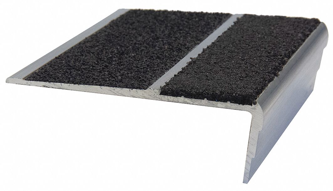 Stair Nosing: Double-Strip Grit, Aluminum, Adhesive- & Fastener-Installed, 54 in Wd, 3 in Dp, Black