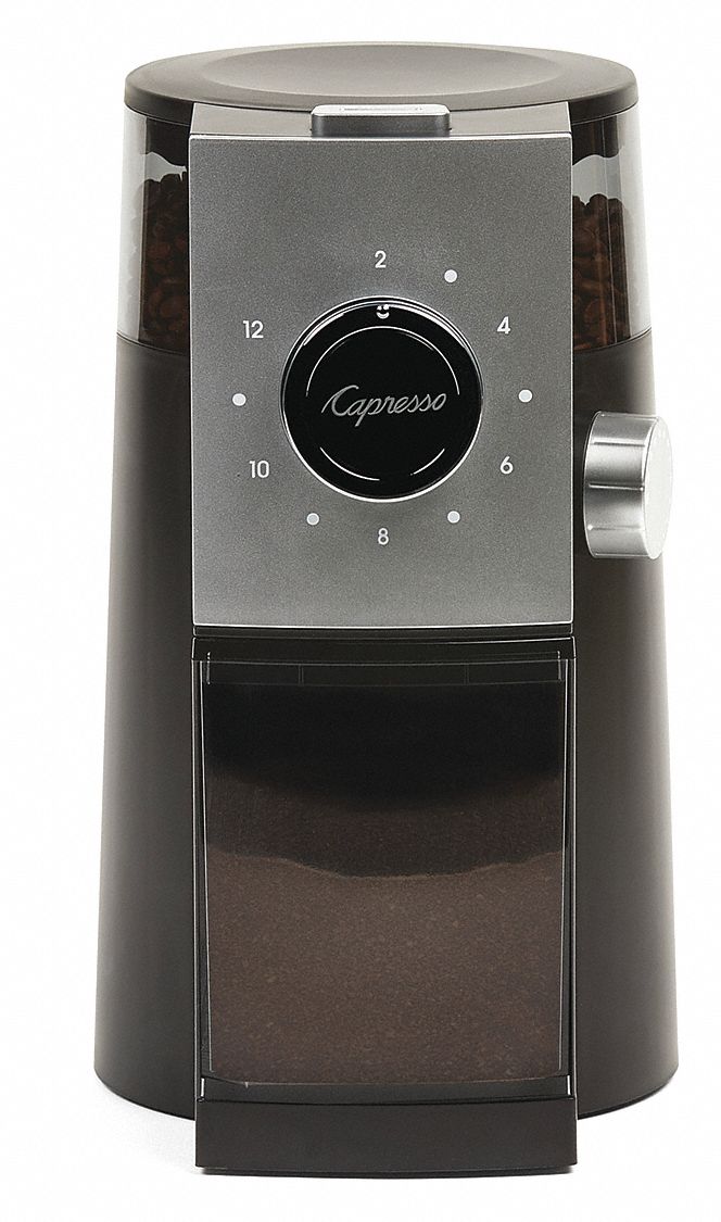 Coffee Grinder: 0.6 lb Capacity, Single Hopper, Black/Silver, Plastic
