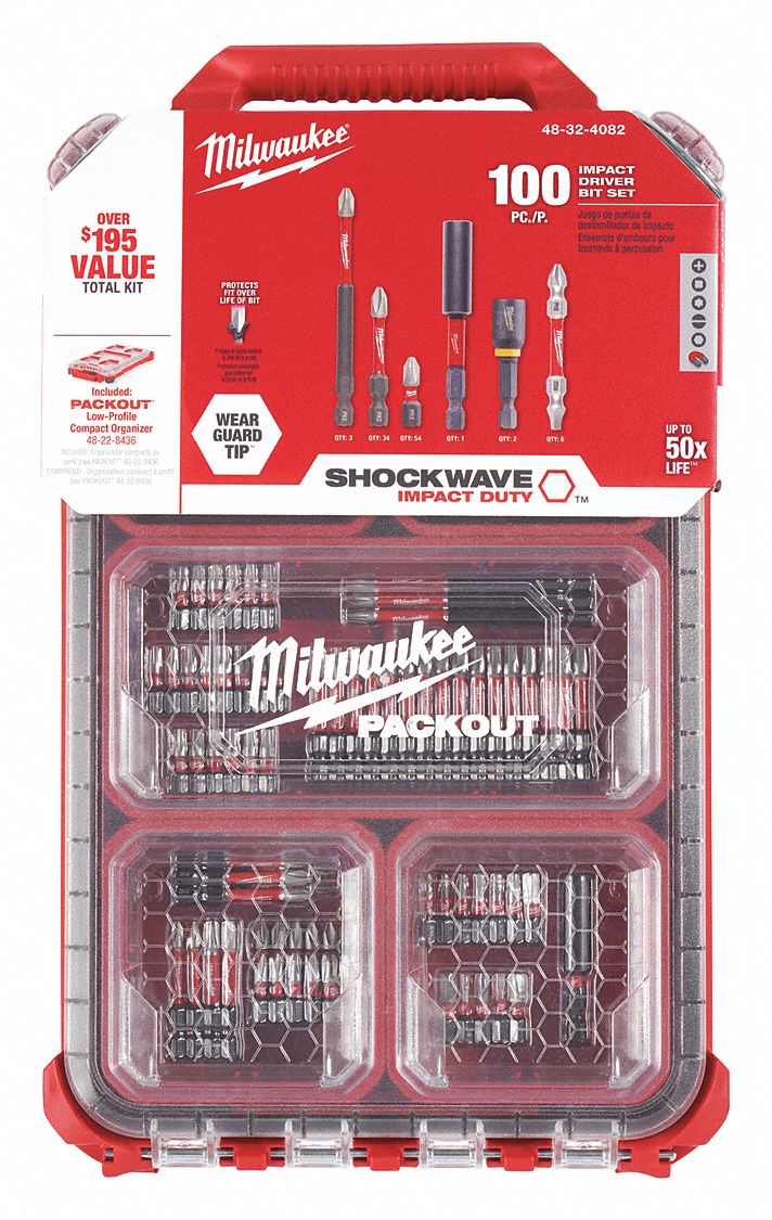 MILWAUKEE Impact Driver Bit Set, 1/4 in Hex Shank Size 60HU174832