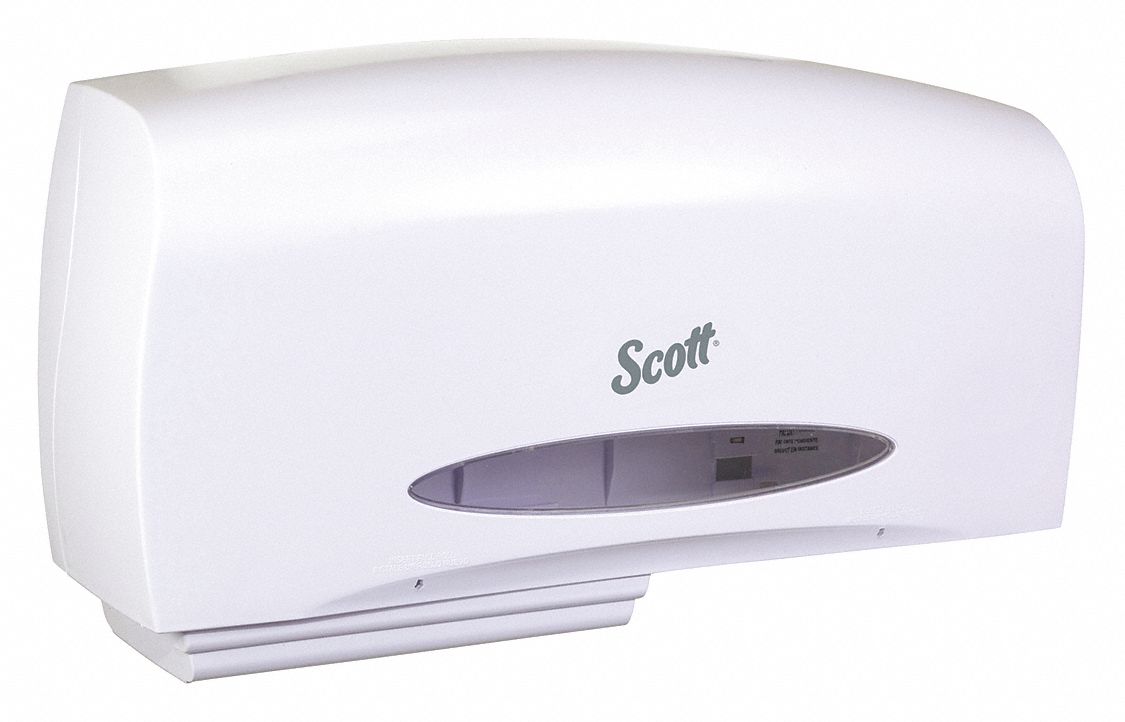 TOILET PAPER DISPENSER, JUMBO CORELESS, HORIZONTAL DOUBLE RL, PLASTIC, WHITE