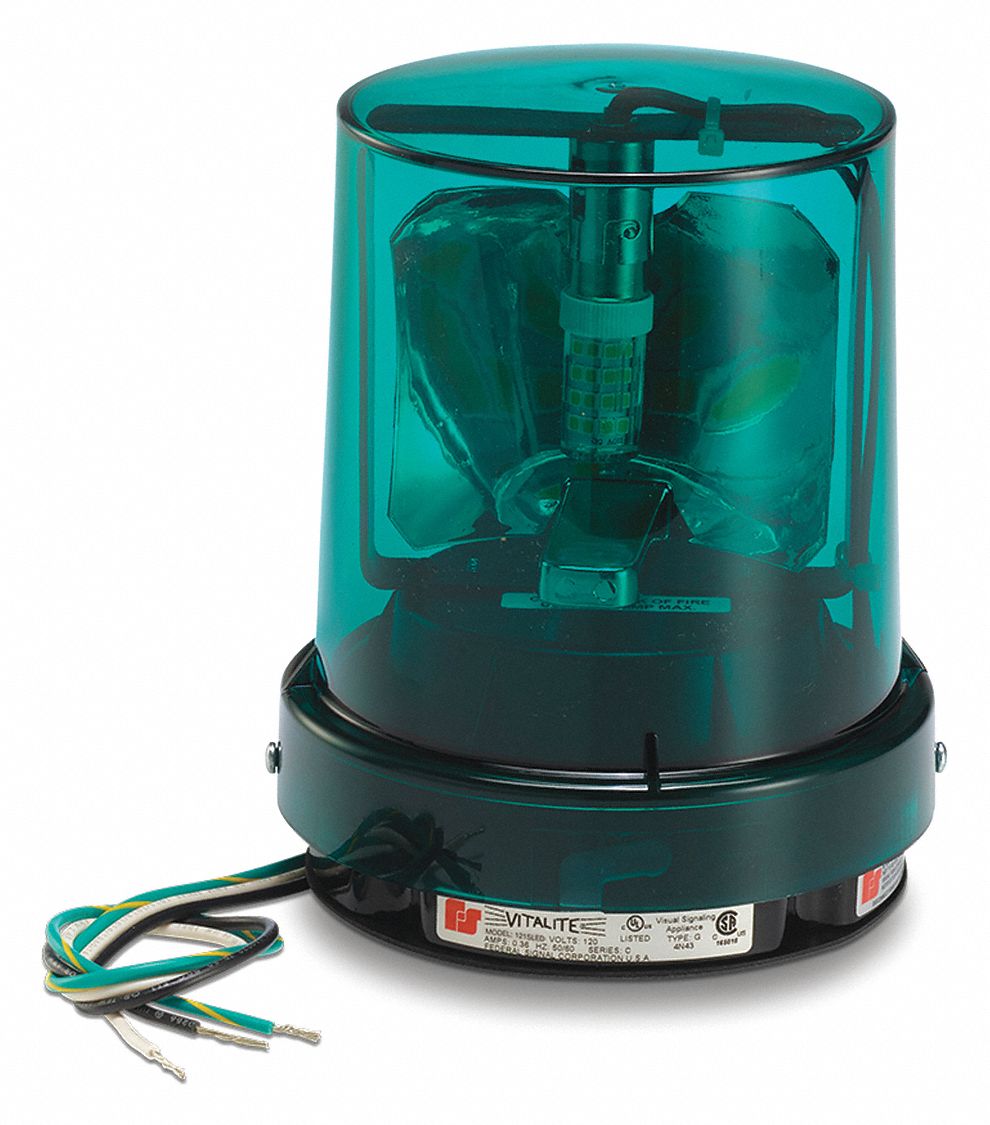 Warning Light: Green, LED, 120V AC, 1655 Candela, 25,000 hr Lamp Life, Dome, 6 1/4 in Ht