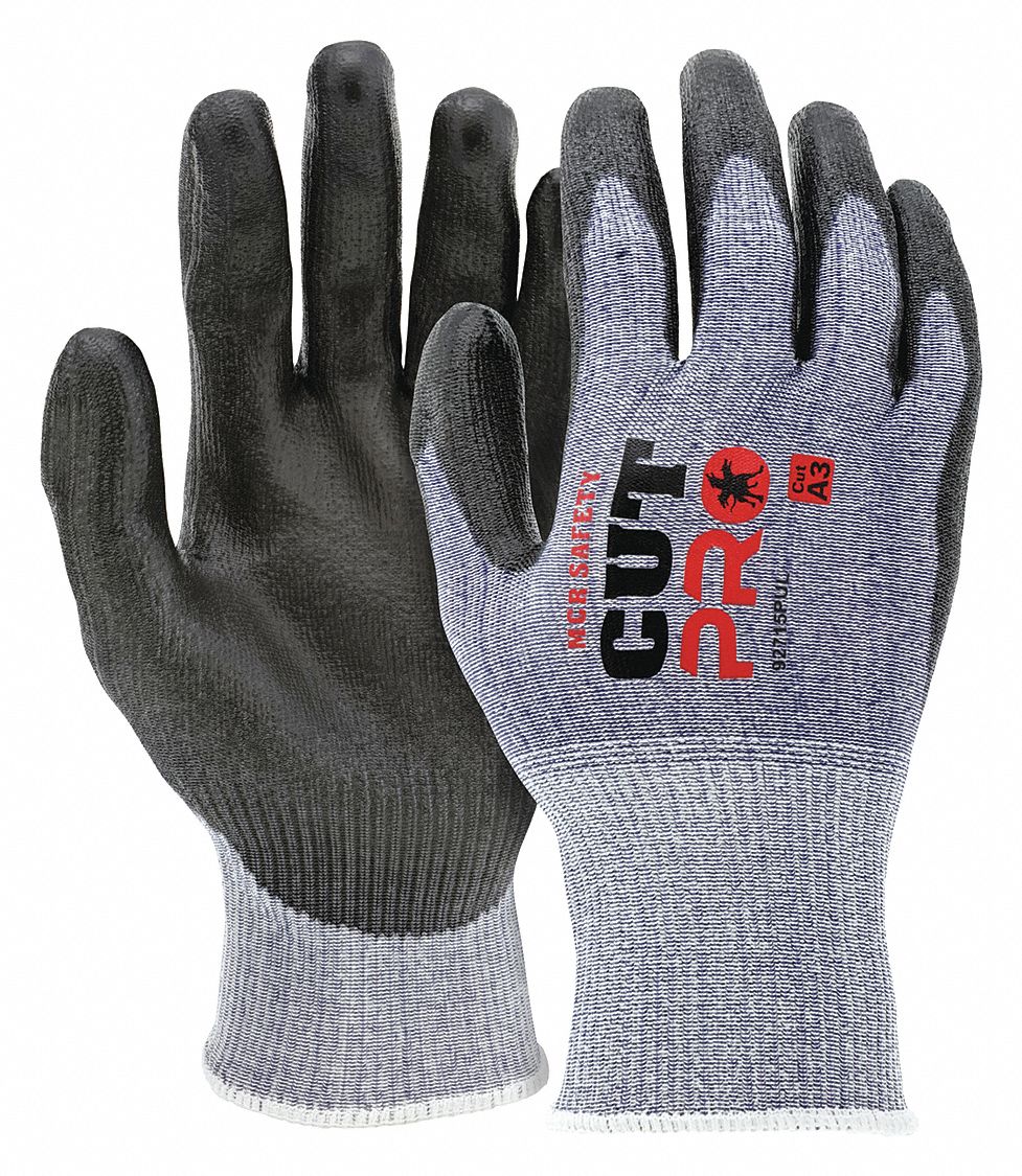 CUT RESISTANT GLOVES, ANSI 4/A3, 15 GA/SEAMLESS KNIT, SIZE L/9, BLUE/GREY, POLYURETHANE/HPPE, PAIR