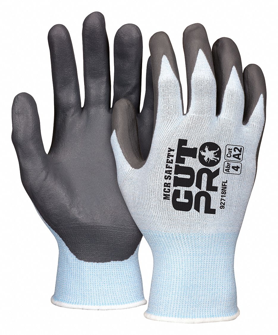 CUT RESISTANT GLOVES, ANSI 4/A3, 15 GA/FDA COMPLIANT, SZ L/9, BL/GRY, NITRILE/DYNEEMA DIAMOND, PR