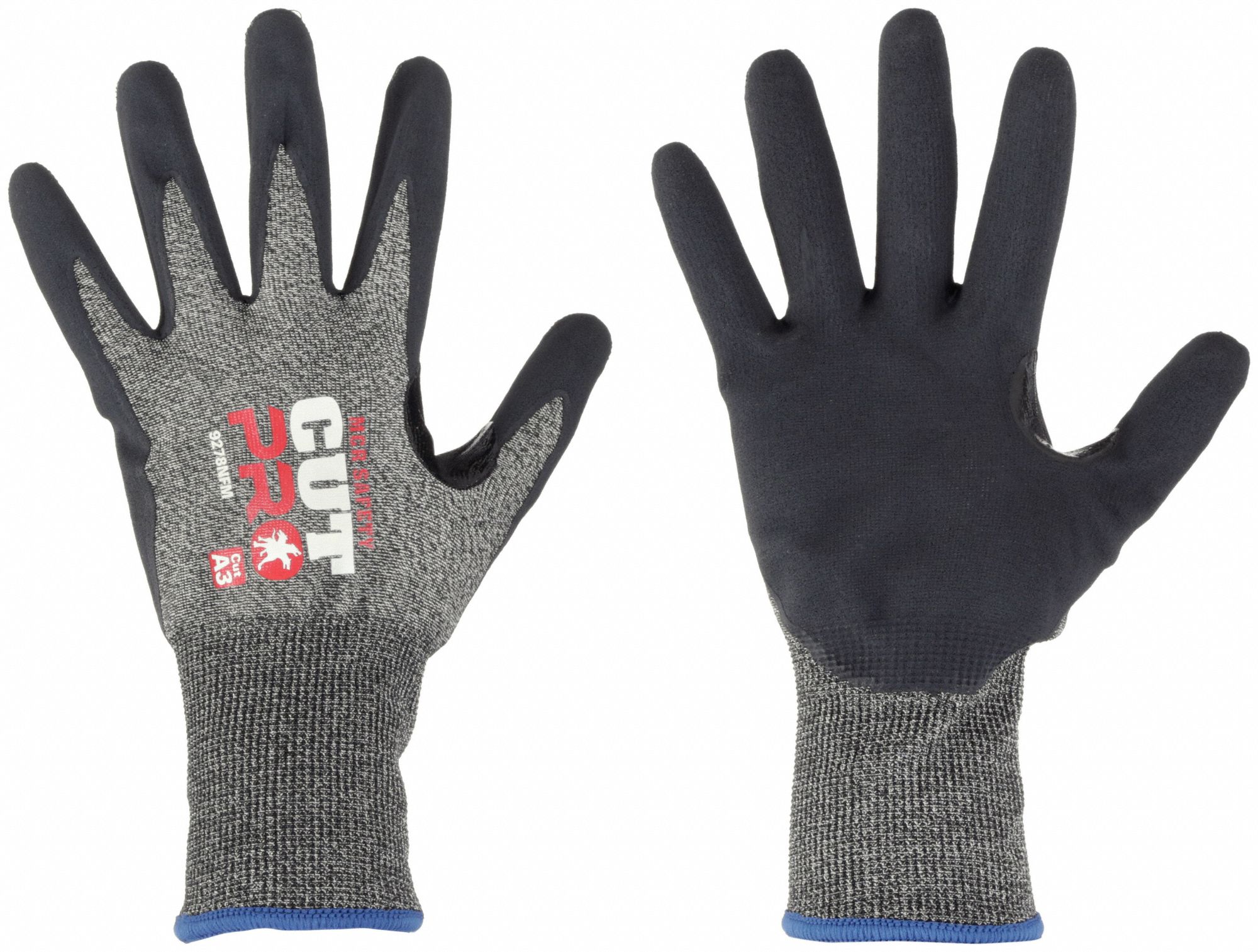 CUT RESISTANT GLOVES, ANSI 4/A3, SEAMLESS/18 GA, FOR TOUCHSCREEN, SZ L/9, GRY/BLK, NITRILE/HPPE, PR