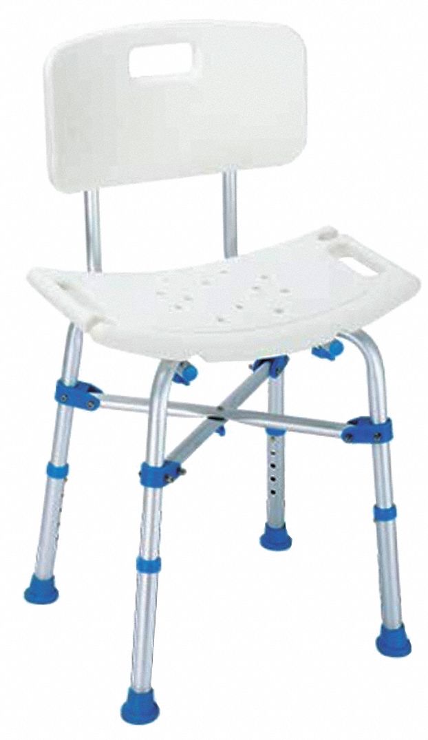 Shower Chair: Adj, Aluminum, Blue/White, Aluminum Frame, 12 in Lg