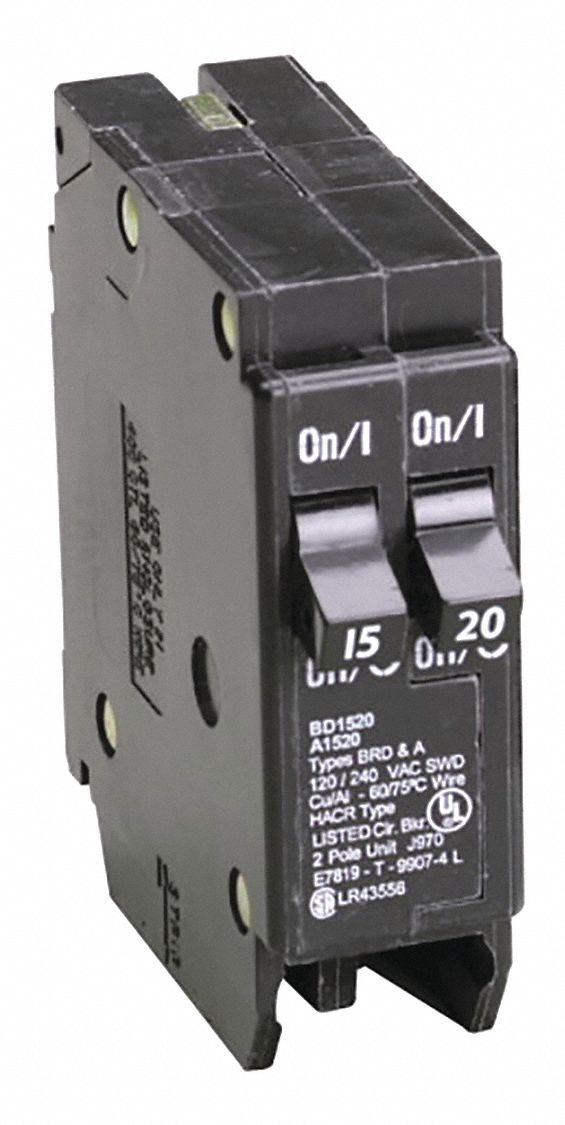 Circuit Breaker: 15/20 A, 120V AC, Single Phase, 10kA at 120V AC, Type BR Loadcenters, 1 Poles