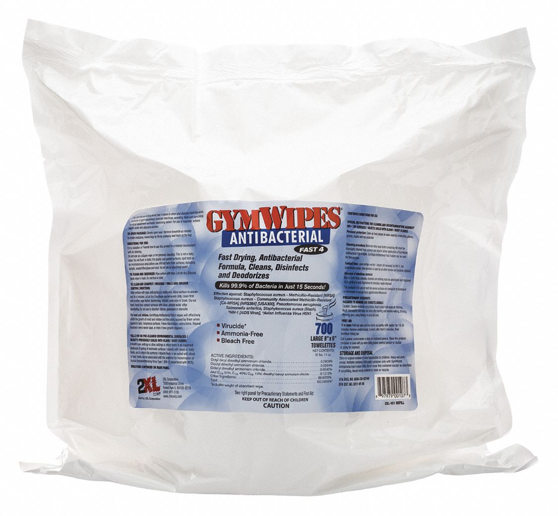 Antibacterial Gym Wipes: Bag, 700 ct Container Size, Ready to Use, Wipes, Quat, Unscented, 4 PK