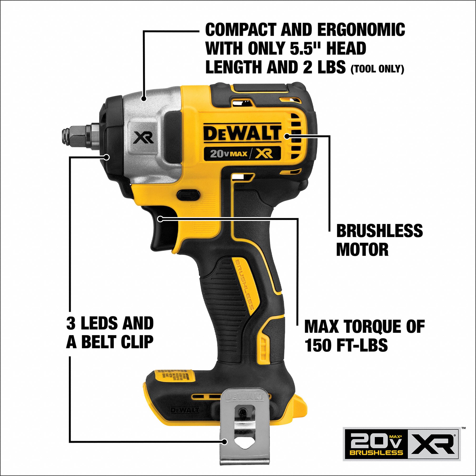 DEWALT Impact Wrench 3/8 in Square Drive Size, 150 ftlb Fastening