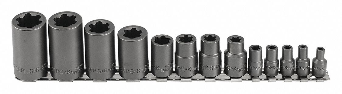 Socket Set: 1/4 in, 3/8 in, 1/2 in Drive, 13 Piece, 6-Point, SAE, E4 to E24
