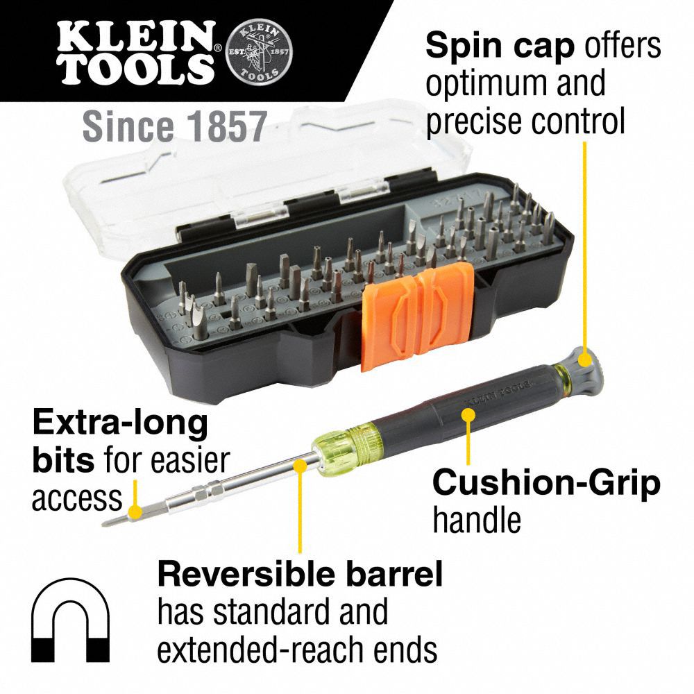 KLEIN TOOLS MultiBit Screwdriver 38 Tips, 6 1/4 in Overall Lg, Ergonomic Grip