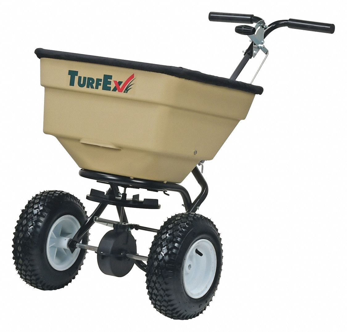 Spreader: 100 lb Capacity, Pneumatic, Broadcast, Manual Lever, Up to 12 ft