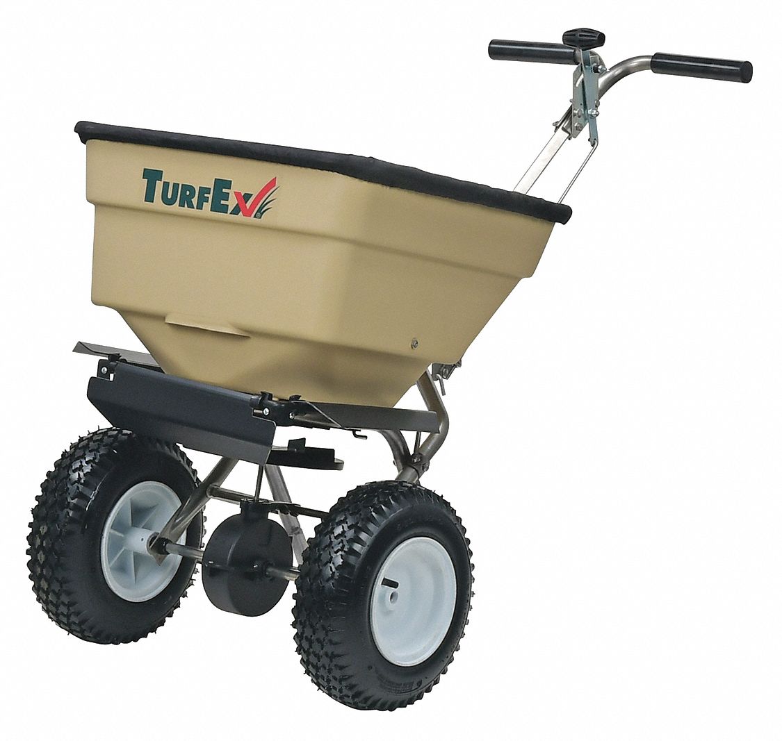 Spreader: 100 lb Capacity, Pneumatic, Broadcast, Manual Lever, Up to 12 ft